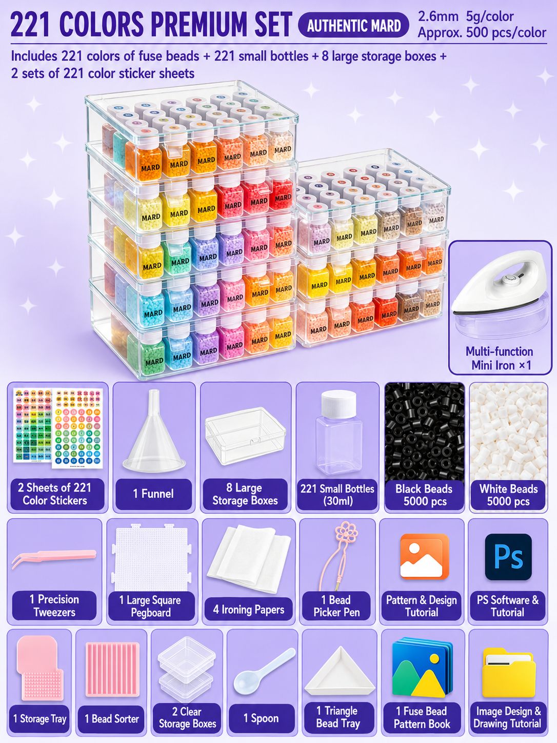 Complete 221-Color DIY Craft Kit — Includes Tools and 2.6mm Beads