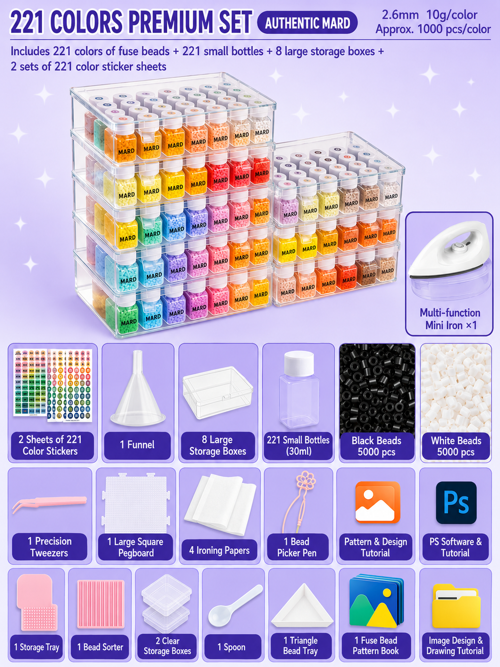 Complete 221-Color DIY Craft Kit — Includes Tools and 2.6mm Beads